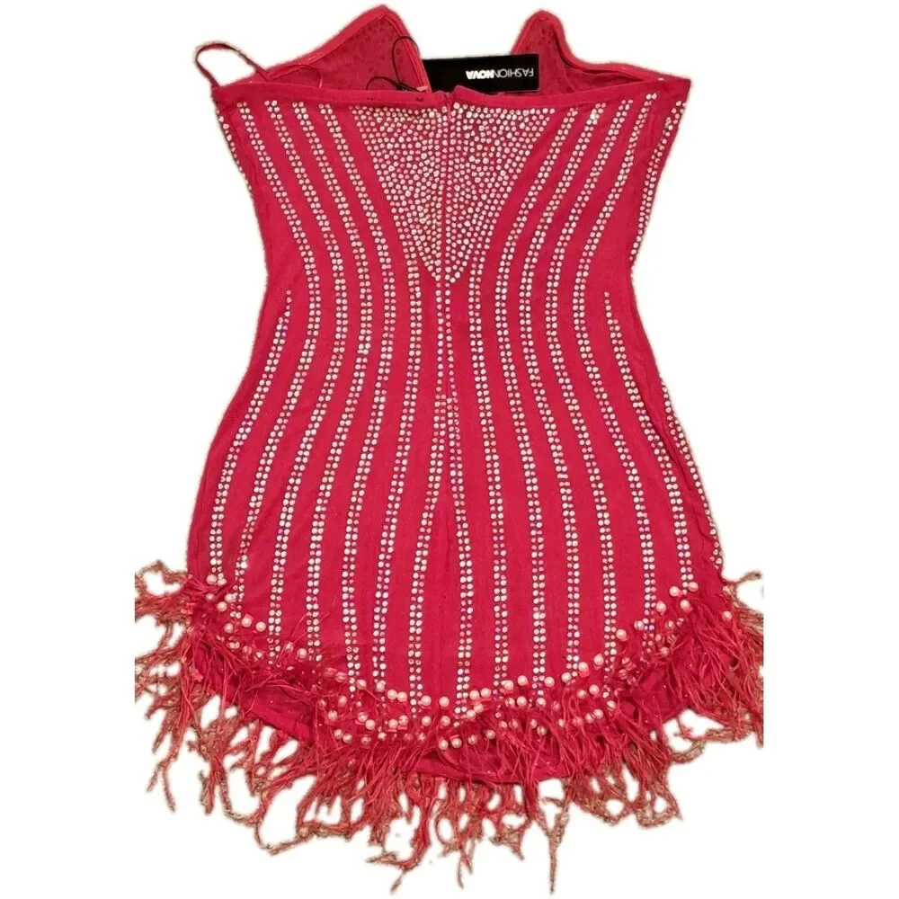 Fashion Nova NWT Glammed Up Embellished Red Mini Dress Misses Size Large - Picture 9 of 11